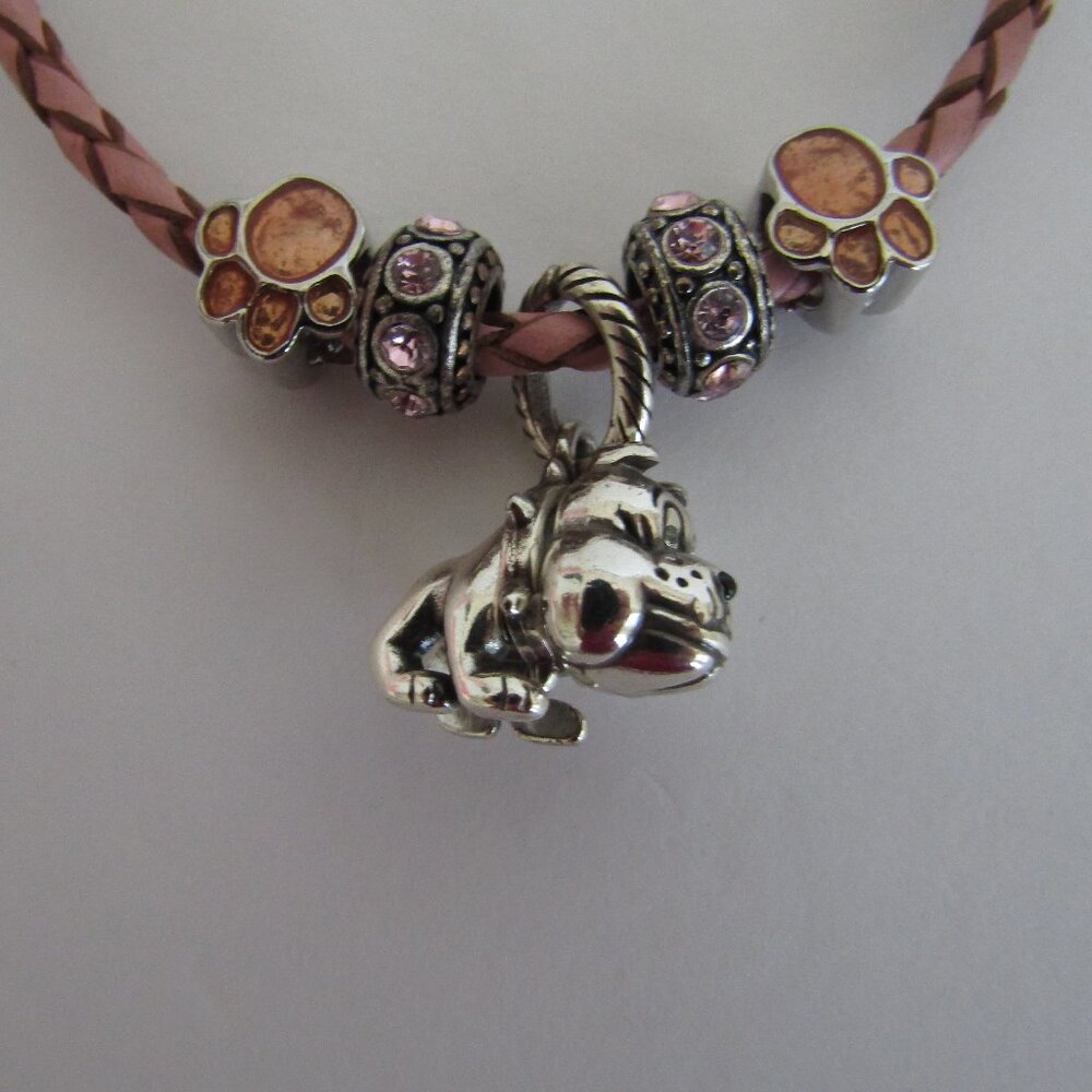 Leather Pandora Bracelet with charms,  Bulldog,  paw prints,  jeweled